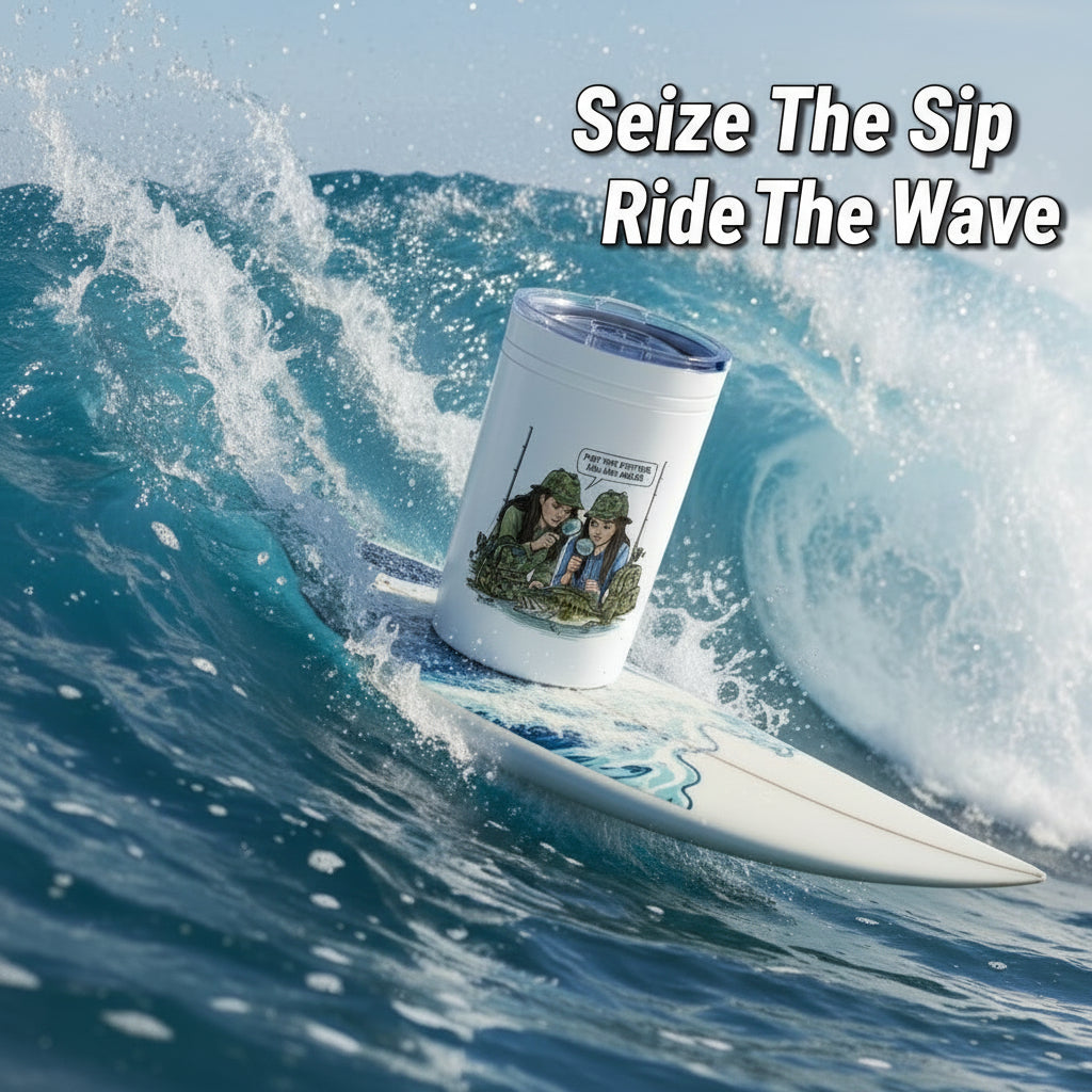 Tumbler on a surfboard with 'Seize The Sip Ride The Wave' text
