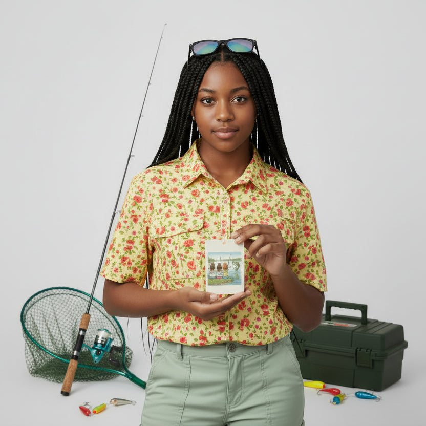 Woman in green fishing outfit holding a an air freshener with fishing equipment on a white background