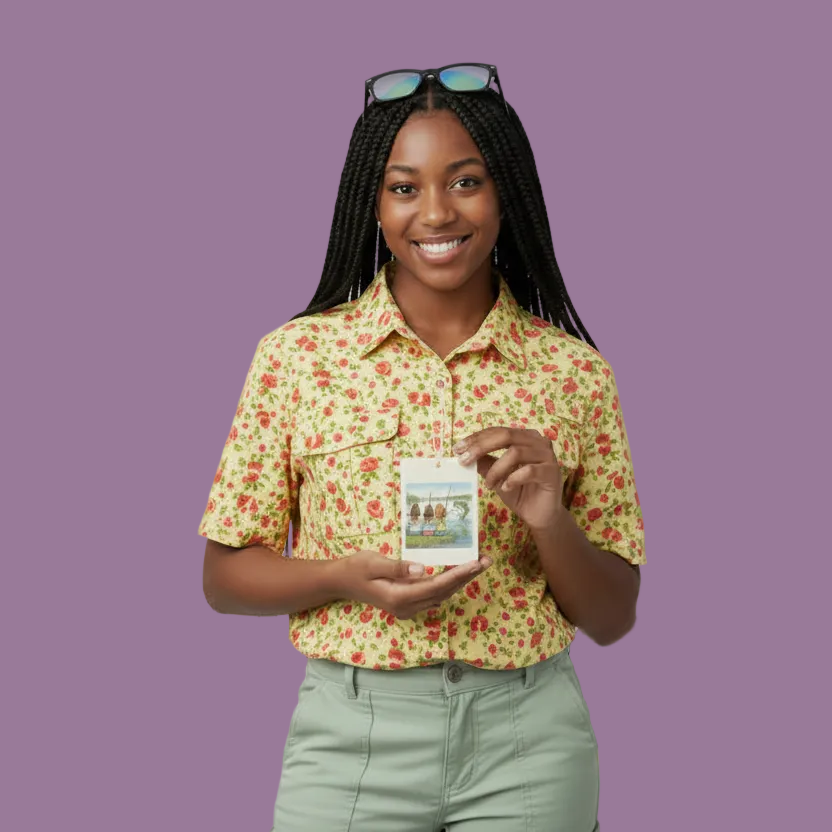 Woman holding an air freshener tag with a floral shirt against a purple background