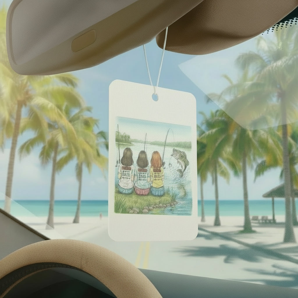 Car air freshener with illustration of three girls fishing, hanging from a car's rearview mirror with a beach view in the background.