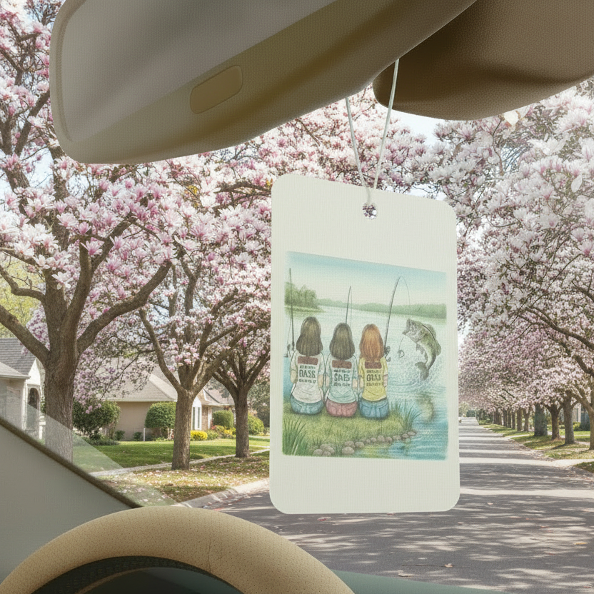 Car air freshener with a fishing design hanging from a car's rearview mirror, with cherry blossom trees in the background.