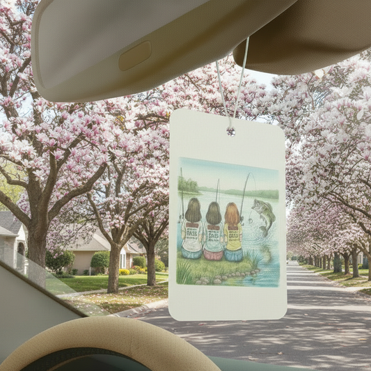 Car air freshener with a fishing design hanging from a car's rearview mirror, with cherry blossom trees in the background.