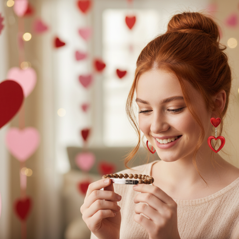 Woman holding a bracelet with heart-shaped decorations in the background