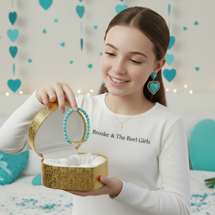Woman holding a gold jewelry box with turquoise natural stone stretch bracelet against a heart-themed background