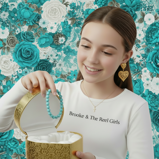 Woman holding a jewelry box with turquoise natural stone beaded stretch bracelet  against a floral background