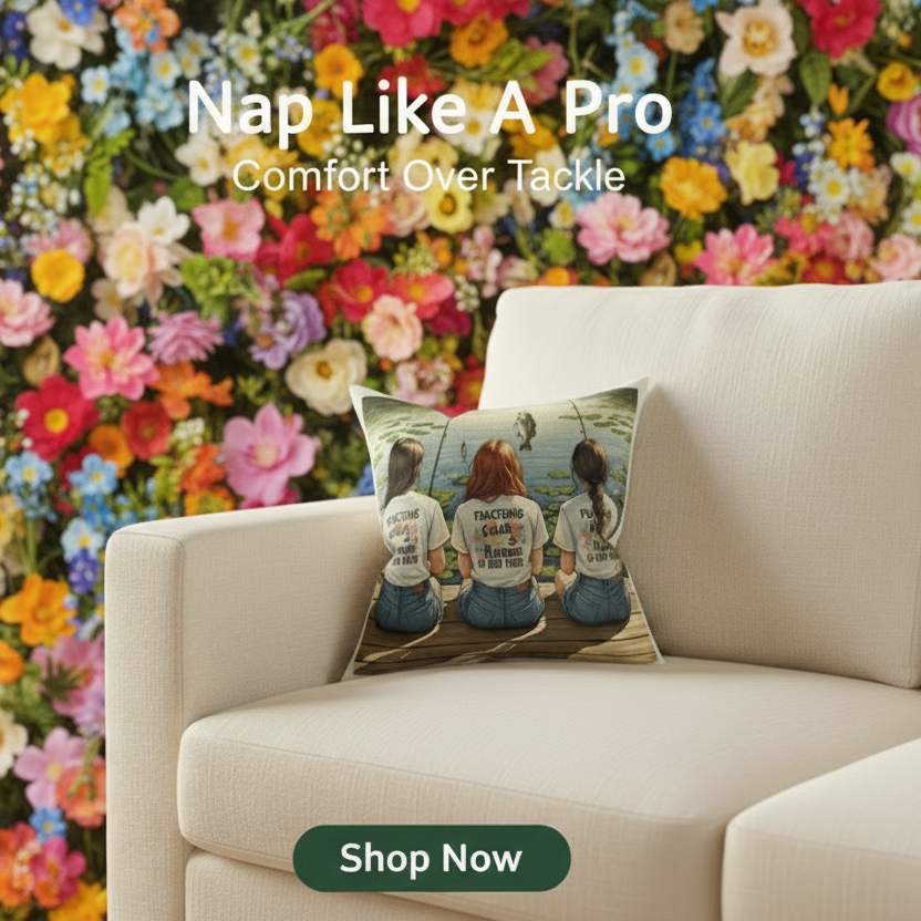 Beige sofa with a decorative pillow featuring three people on a wooden dock, against a colorful floral wall.
