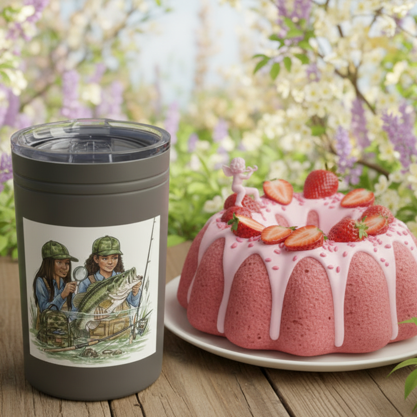 Tumbler with fishing design next to a strawberry cake on a wooden surface with a blurred floral background