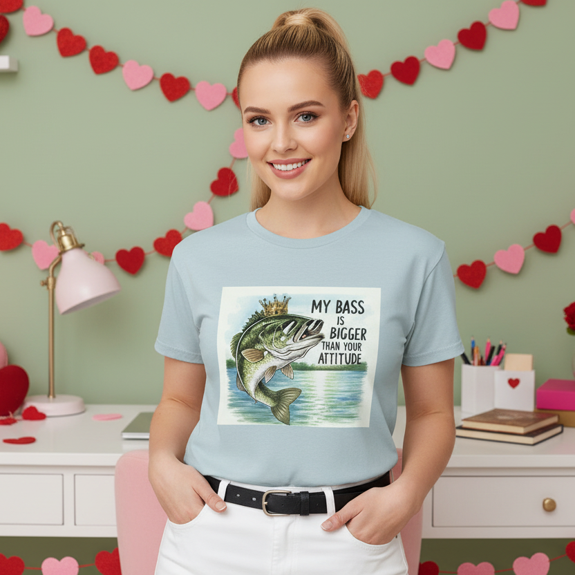 Woman wearing a light blue t-shirt with a graphic design of a bass fish and text, standing in a room decorated with heart-shaped decorations.
