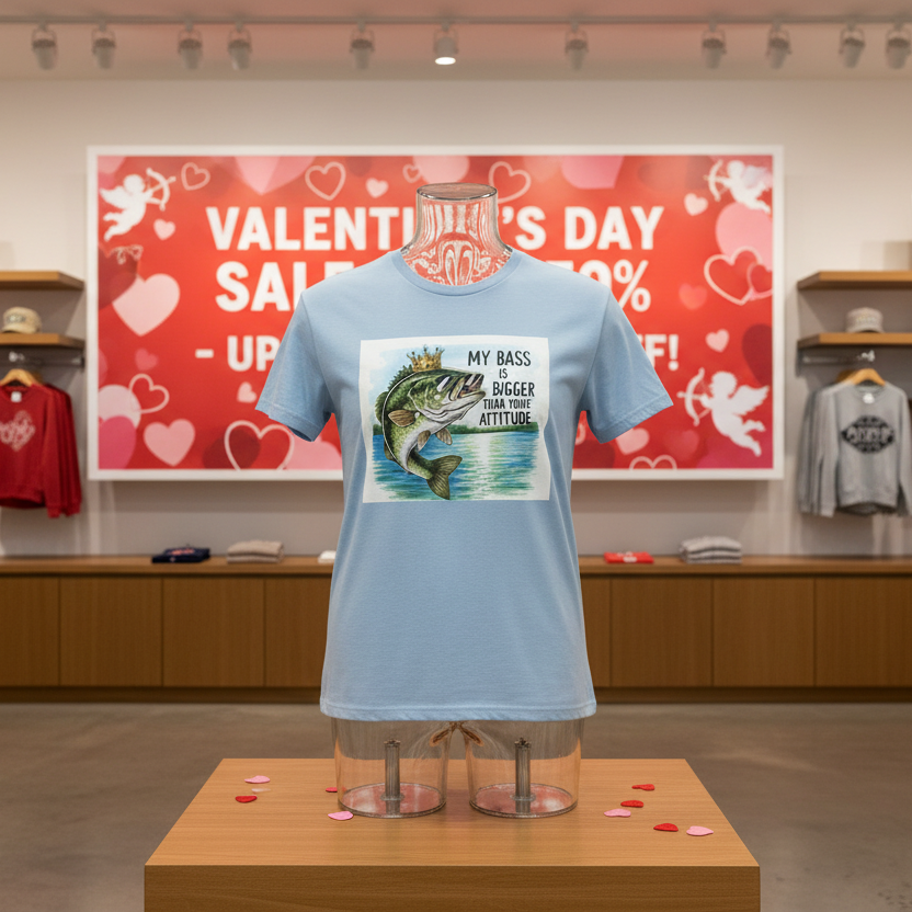 Light blue t-shirt with fish graphic and text on a mannequin in a store setting with Valentine's Day sale sign