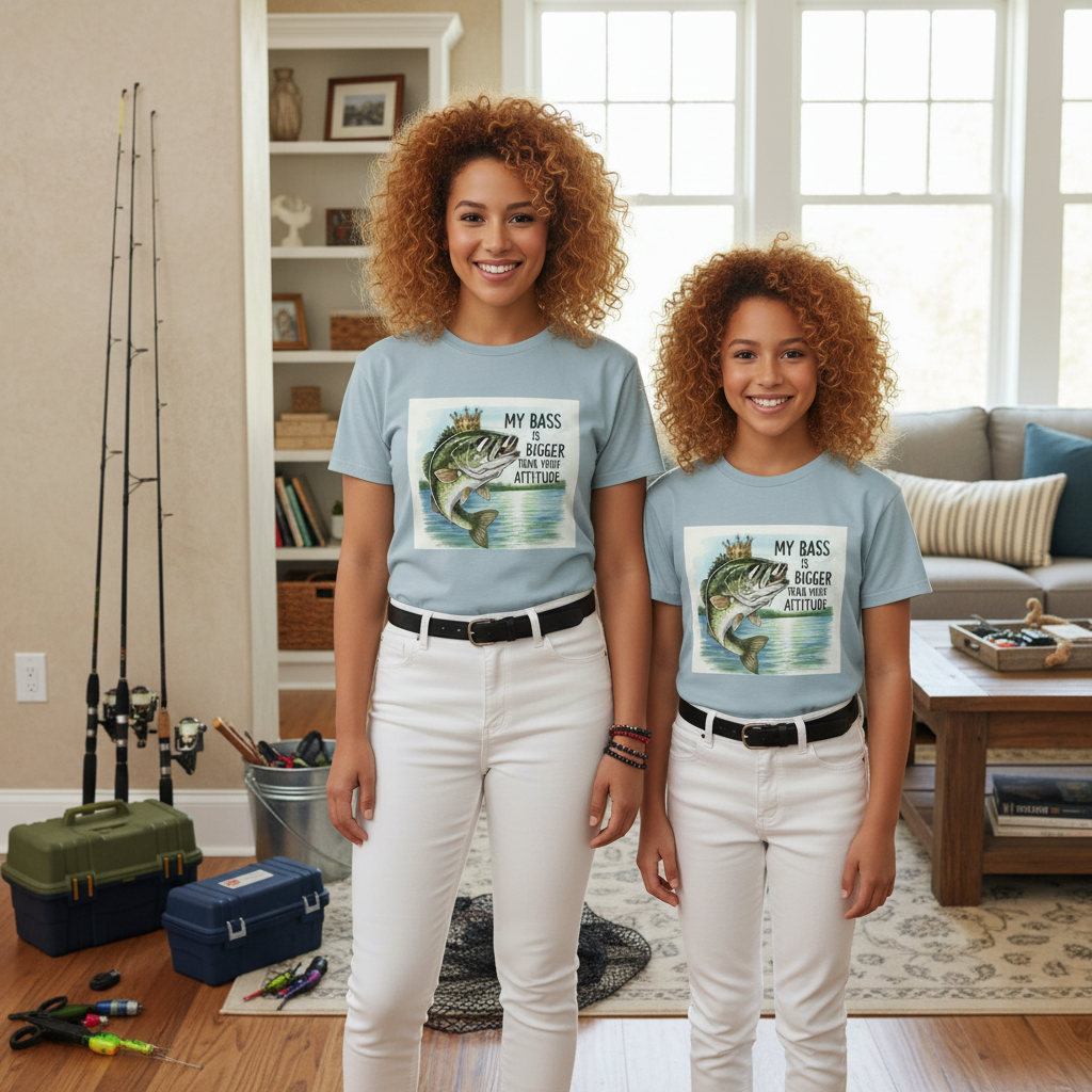 Two sisters wearing matching light blue t-shirts with fish graphics in a living room.