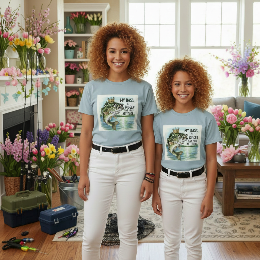 Two sisters wearing matching light blue t-shirts with a fish graphic in a living room.
