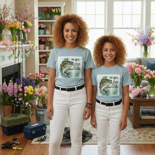 Two sisters wearing matching light blue t-shirts with a fish graphic in a living room.