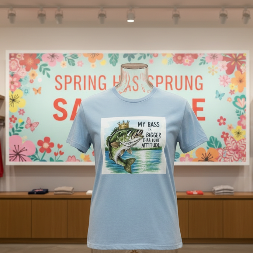 Light blue t-shirt with a graphic of a bass and text on a mannequin in front of a colorful 'Spring Has Sprung' sign.