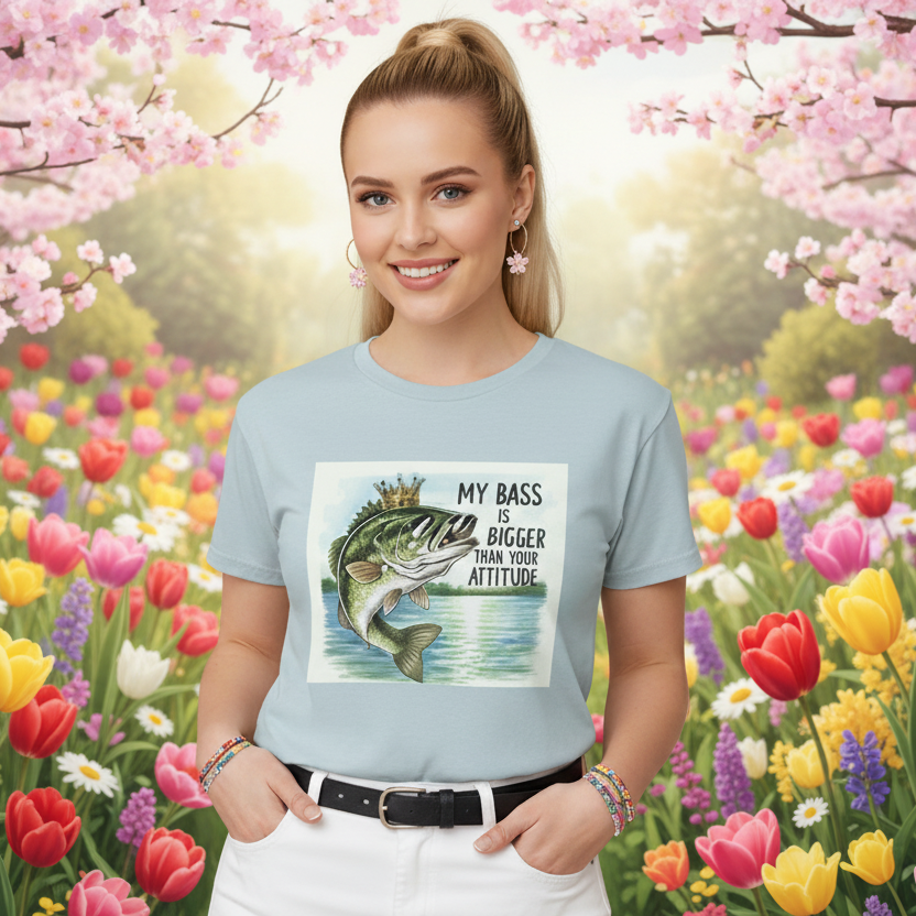 A young female angler wearing the light blue 'Master Angler' crop top from the Brooke & The Reel Girls collection.  Ships standing among a garden of spring flowers and cherry tree blossoms. The shirt features a signature bass fishing graphic, representing the brand's mission to empower and inspire teen girls to master the water with confidence , sass, and style.