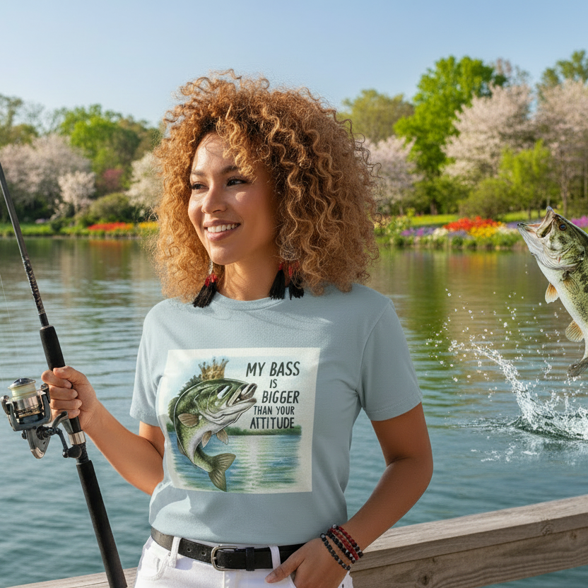 Woman fishing by a lake with a shirt displaying a bass graphic and text.