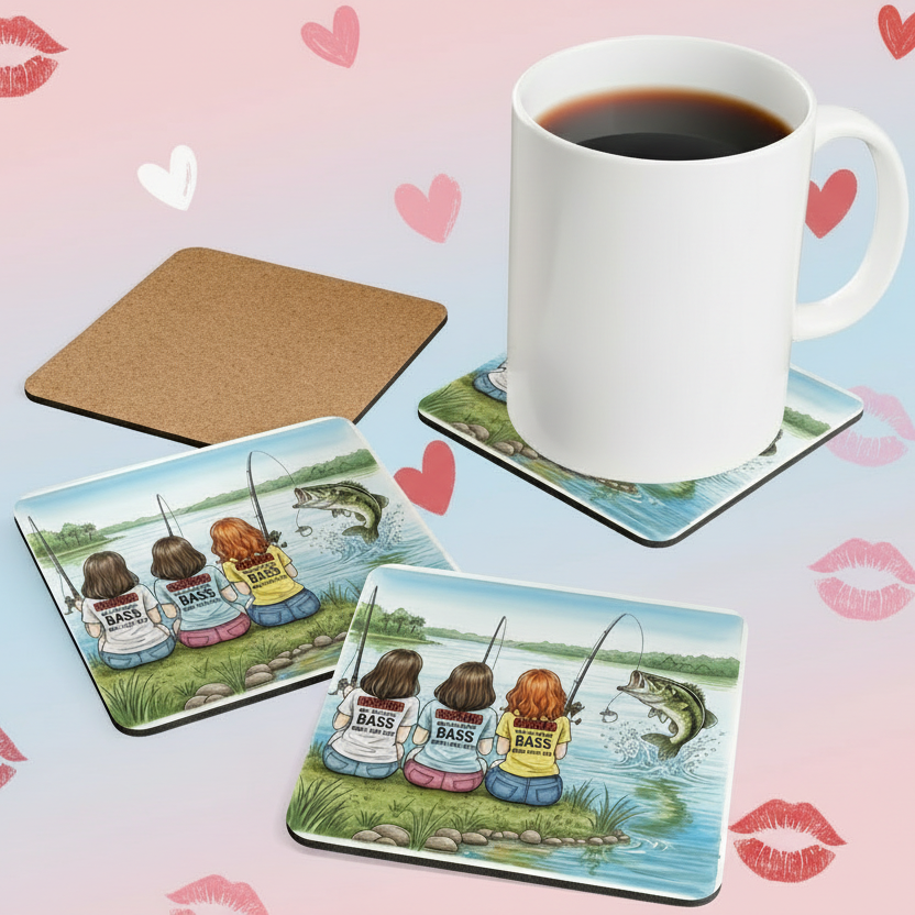 Set of four coasters with illustrations of three women fishing, a mug with a coaster featuring the same design, on a pink background with heart and lip prints.