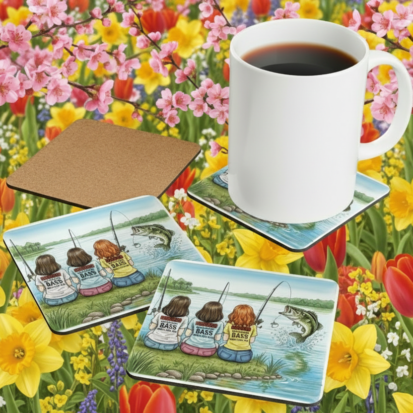 Coasters with fishing design on a floral background with a mug of coffee.