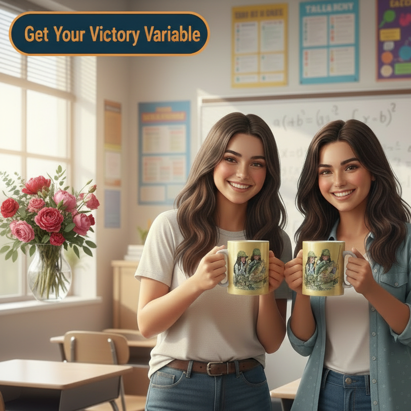 Two women holding mugs in a classroom setting with educational posters on the wall.