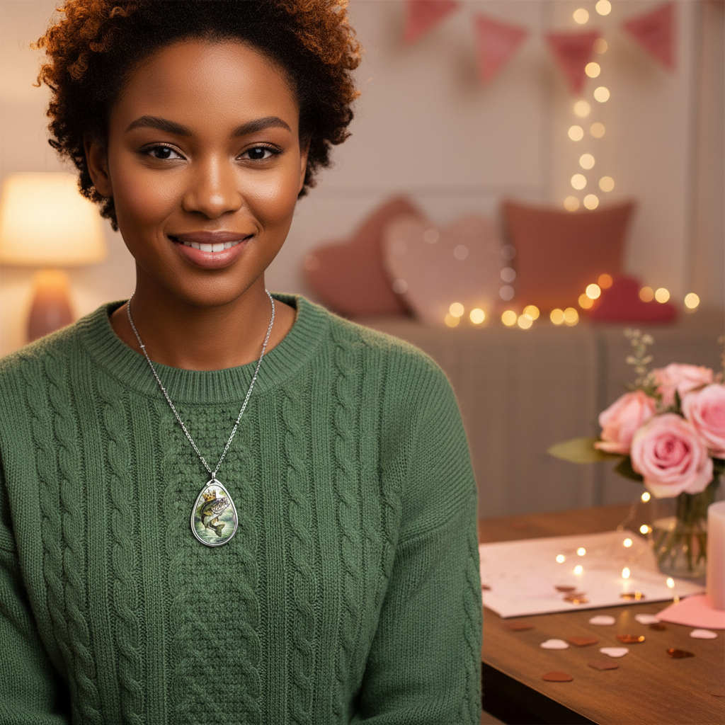 Woman wearing a green sweater with a necklace, standing in a cozy room with decorative lights and flowers.