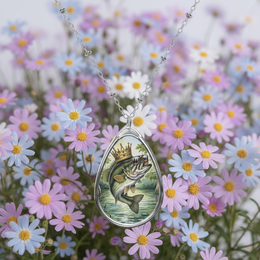Teardrop-shaped pendant with a fish design on a pastel daisy floral wildflower pink background.