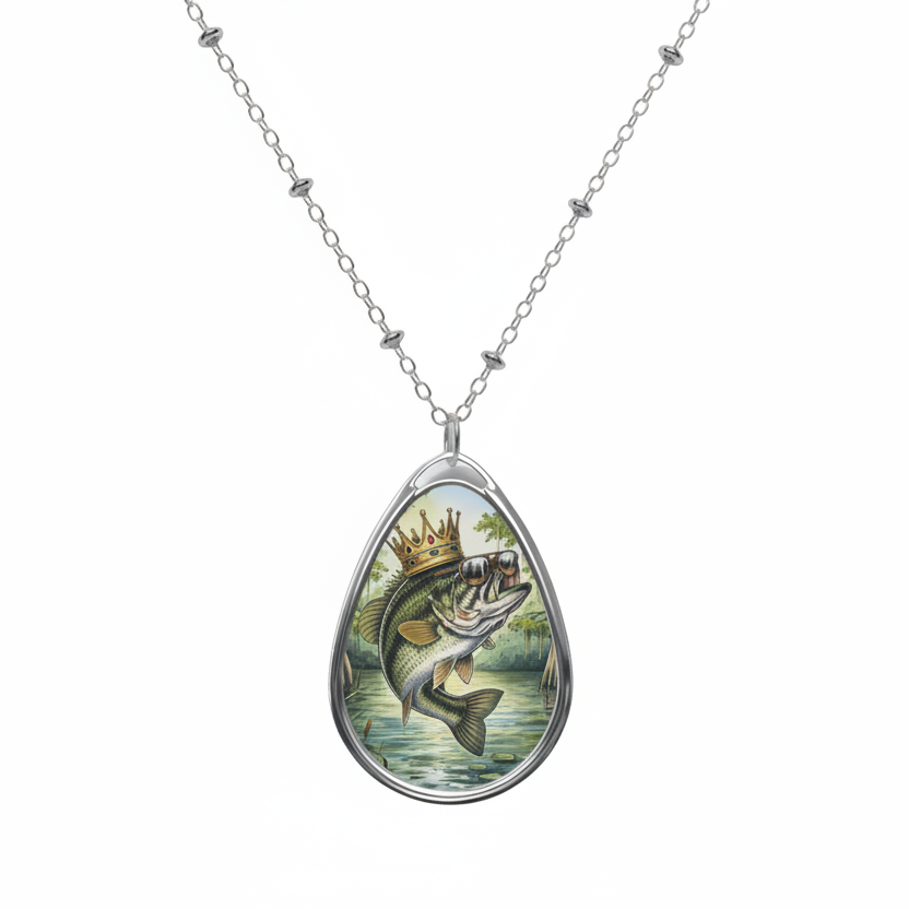 Teardrop-shaped pendant with a fish illustration on a white background