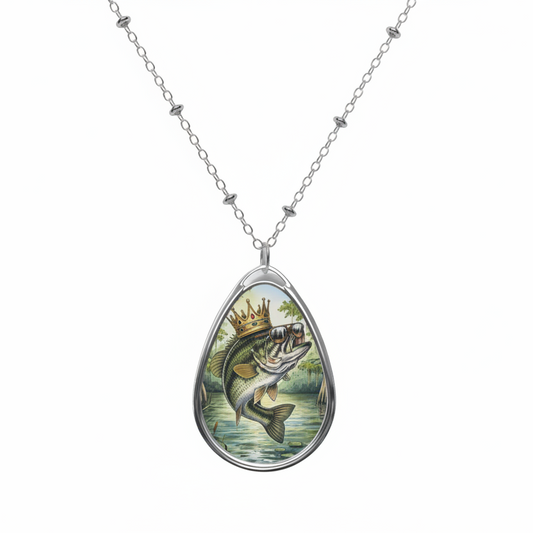 Teardrop-shaped pendant with a fish illustration on a white background