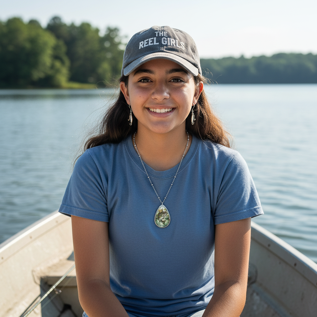 Young woman wearing a 'The Reel Girls' cap on a boat by a lake showing off her new oval fishing bass fish necklace.
