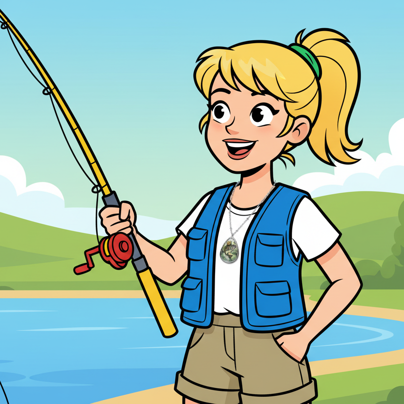 Cartoon character holding a fishing rod by a lake and wearing a silver bass fish wearing a crown necklace.