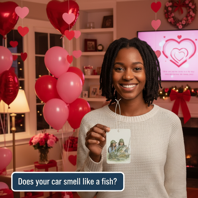 Woman holding an air freshener with Valentine's Day decorations and balloons in the background.