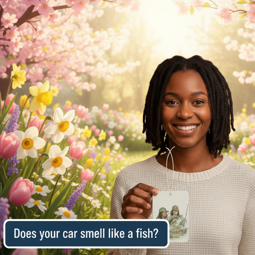Woman holding an air freshener with a scenic background of flowers and nature.