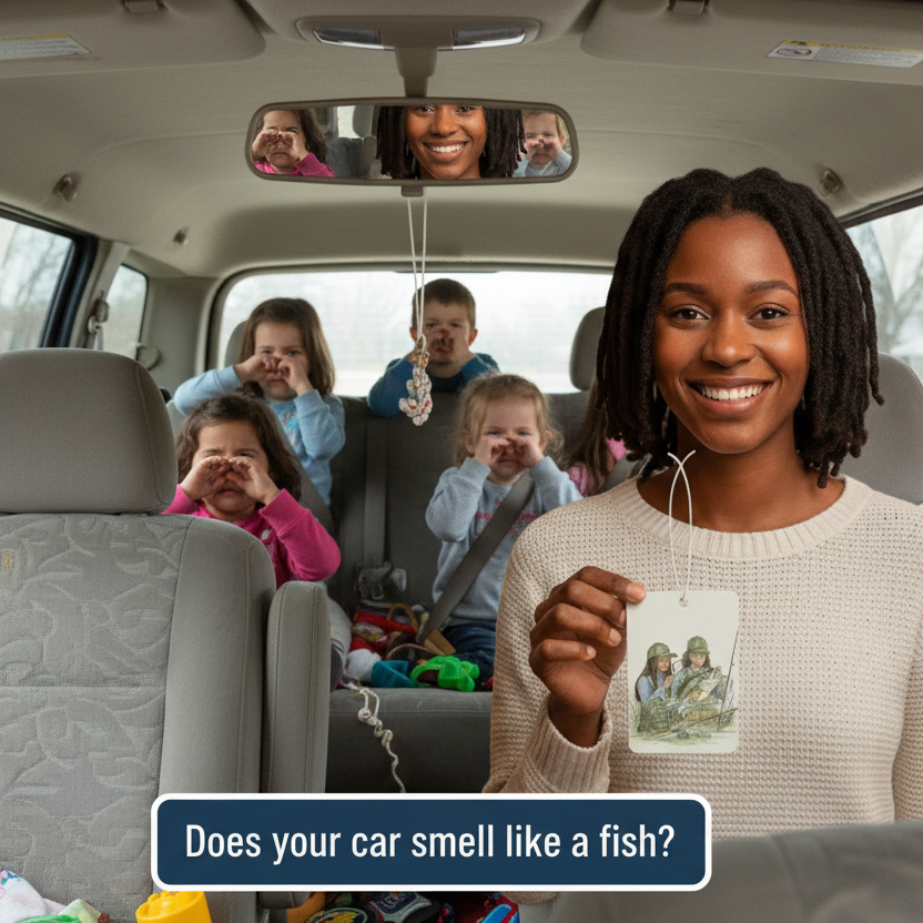 Woman in a car with children, holding a air freshener with a question, smiling. Does your car smell like a fish?