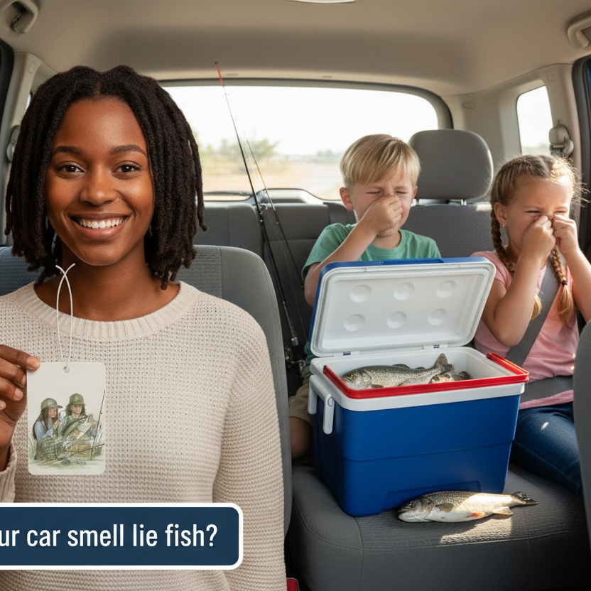 Woman in a car with children and a cooler full of fish, holding an air freshener with text.