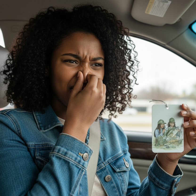 Person in a car holding a car air freshener with a negative expression