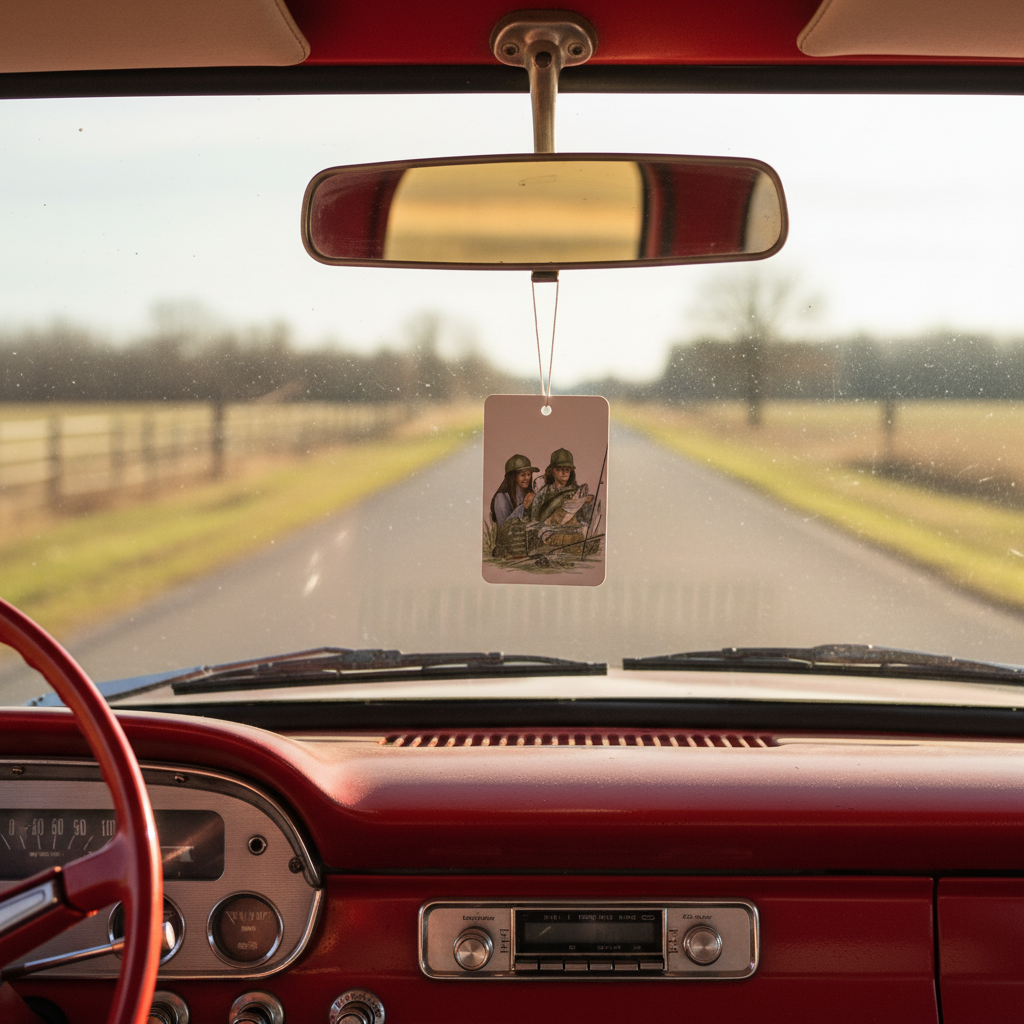 Vintage car interior with a road ahead, air freshener featuring two people, and an air freshener on the real view mirror