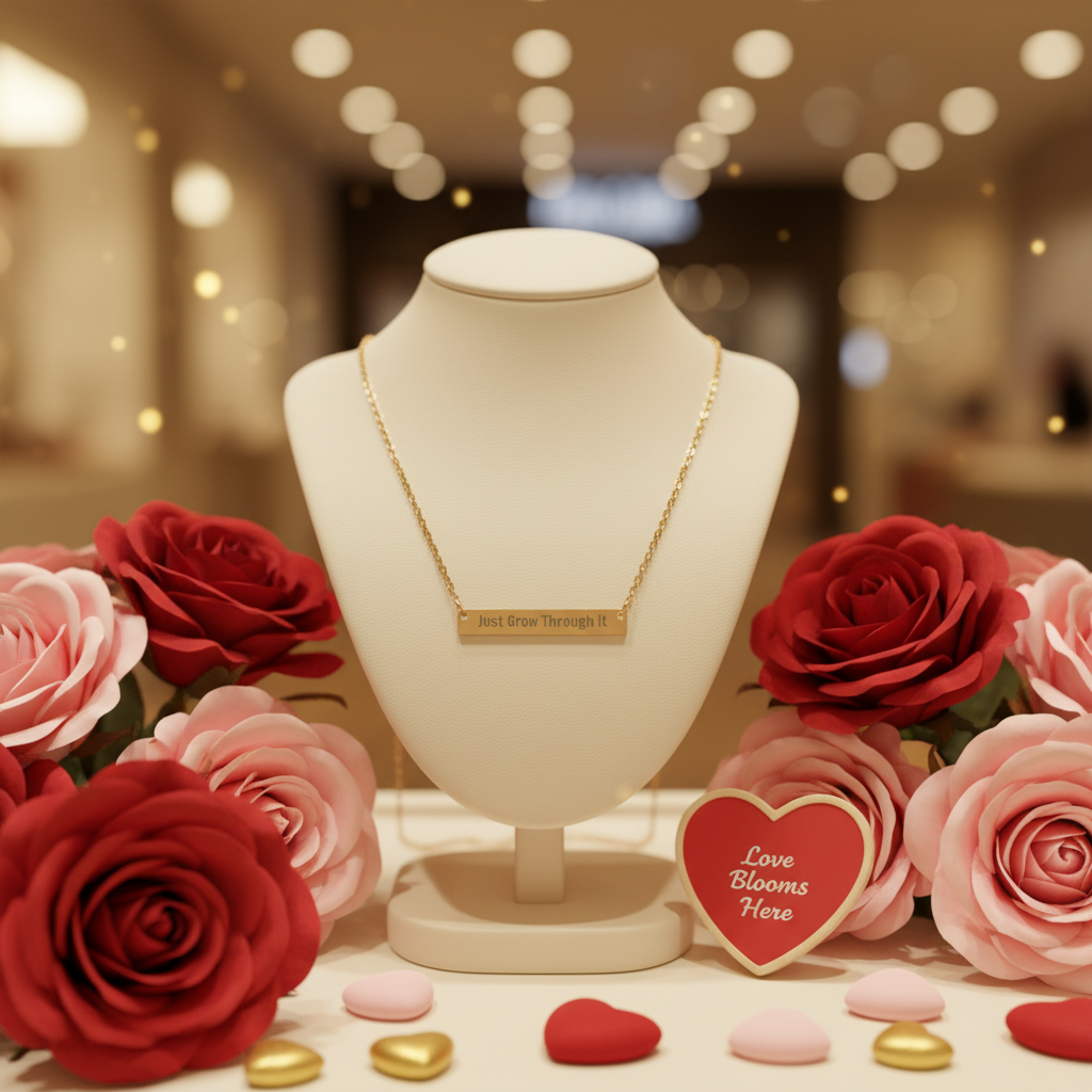 Love Grows Through It - Necklace on a mannequin bust with red and pink roses and a 'Love Blooms Here' heart sign in a blurred indoor setting.