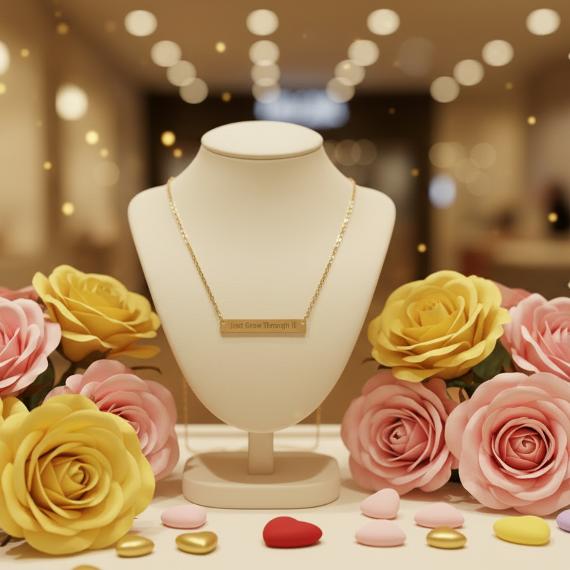 Love Grows Through It -Necklace on a mannequin bust with pink and yellow roses and candies in the foreground.