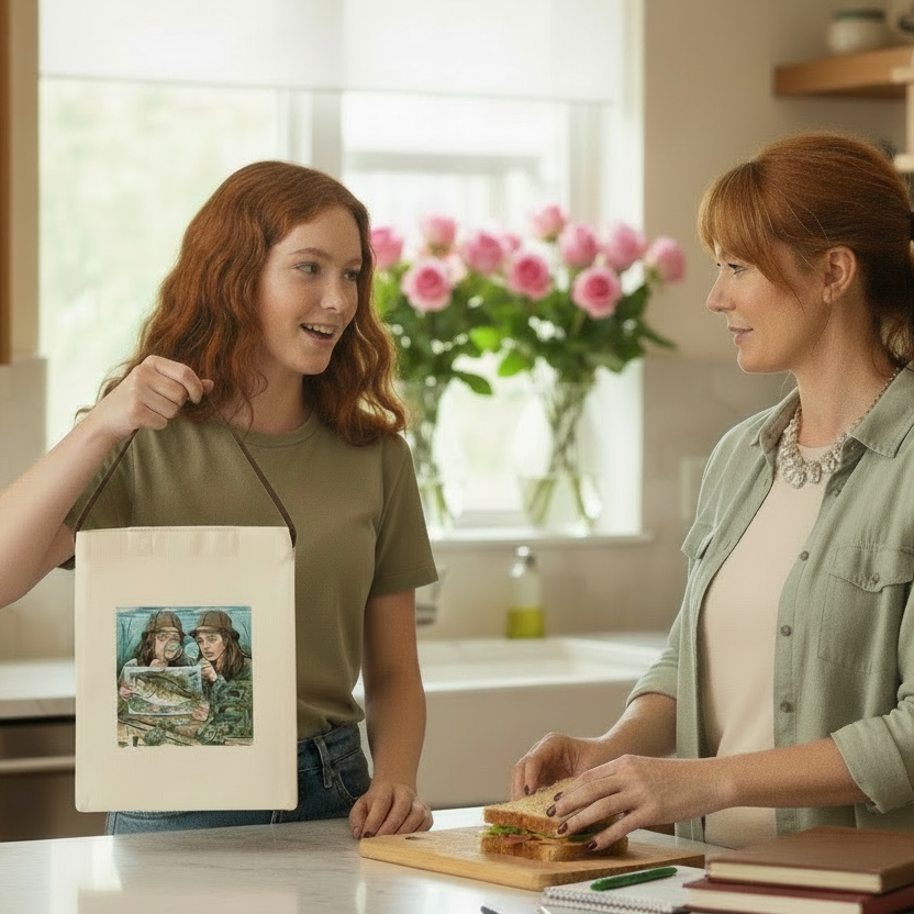 Two women in a kitchen with one holding a tote bag featuring a painting of two children.