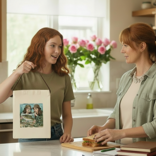 Two women in a kitchen with one holding a tote bag featuring a painting of two children.