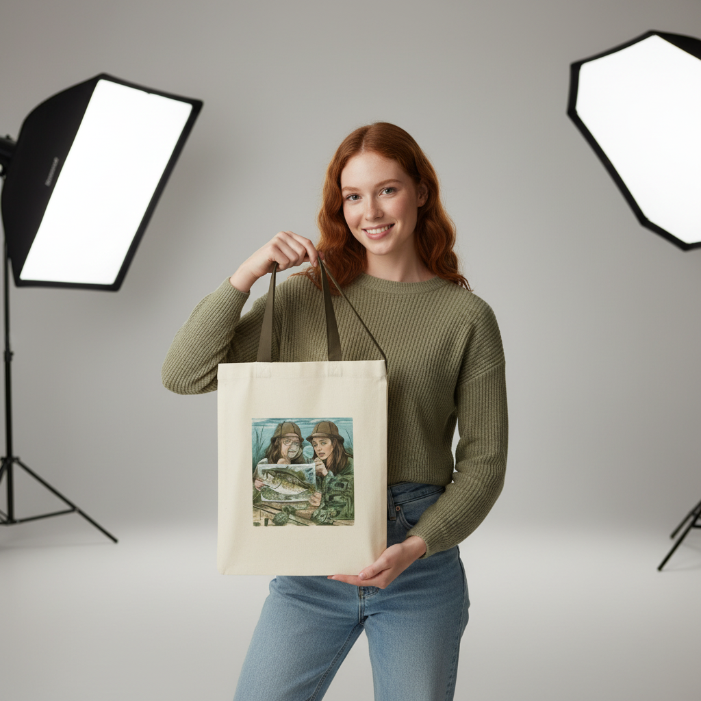 Woman holding a tote bag with artwork in a studio setting