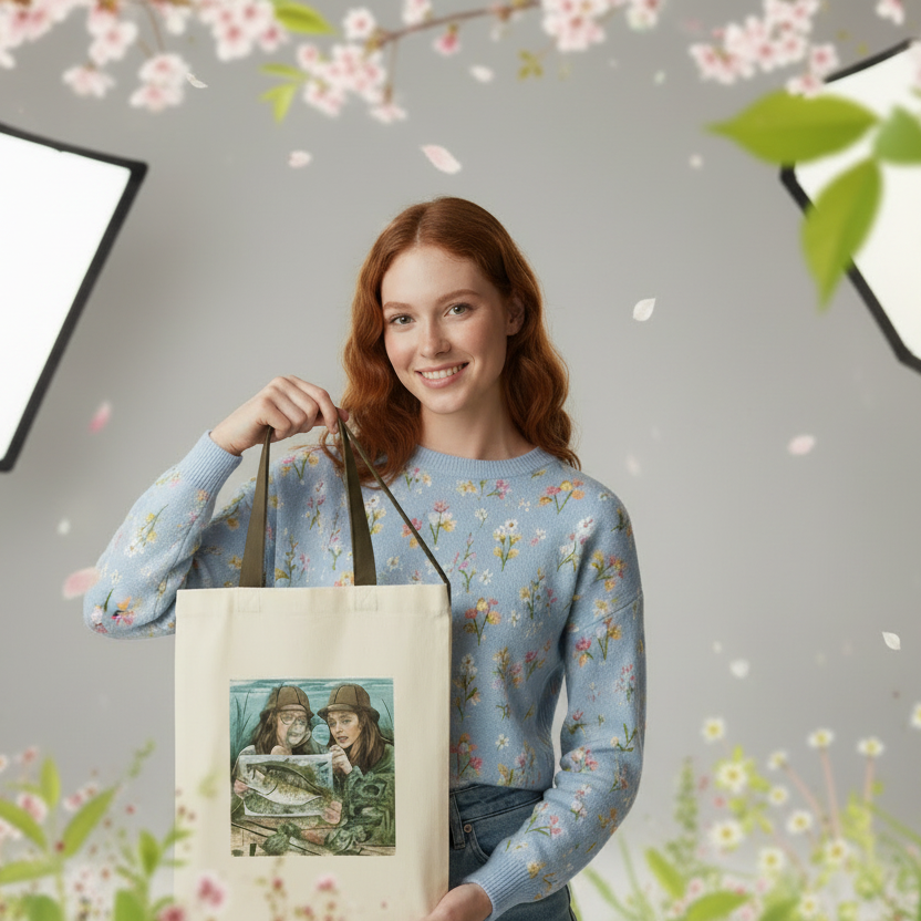 Woman holding a tote bag with a design of two people by a river, surrounded by cherry blossoms and greenery.