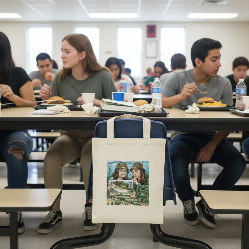 Students in a cafeteria setting with a tote bag featuring two people and a fish on a table.