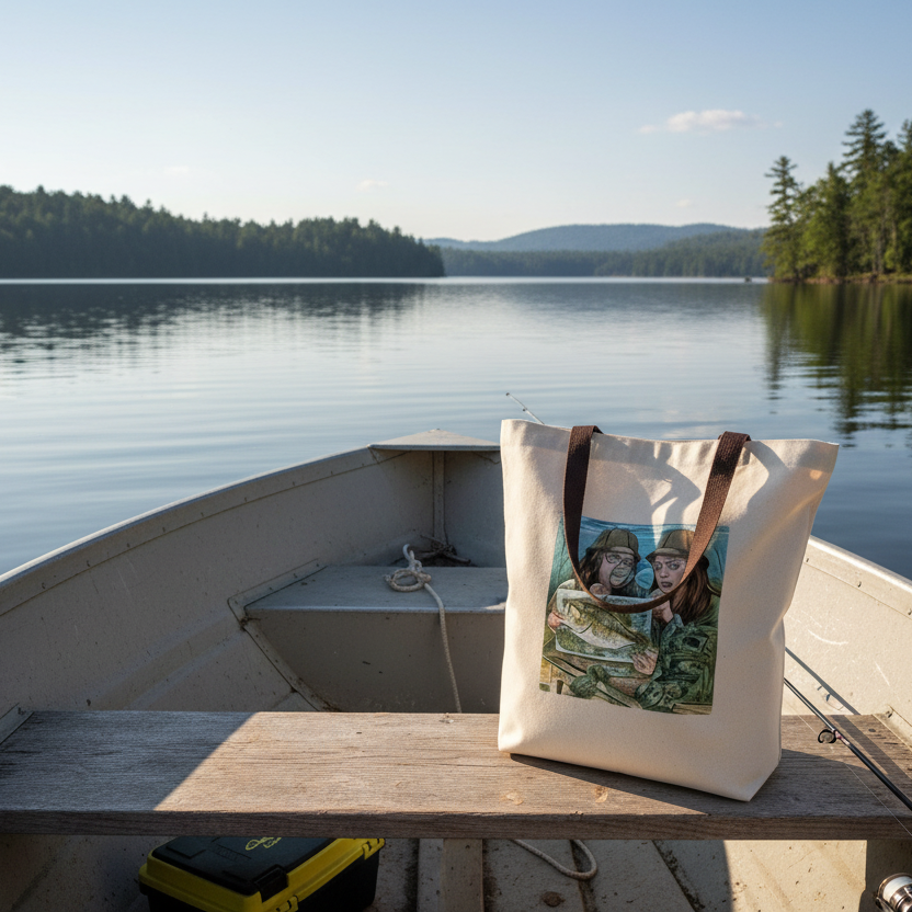 Tote bag with a printed design on a boat by a lake
