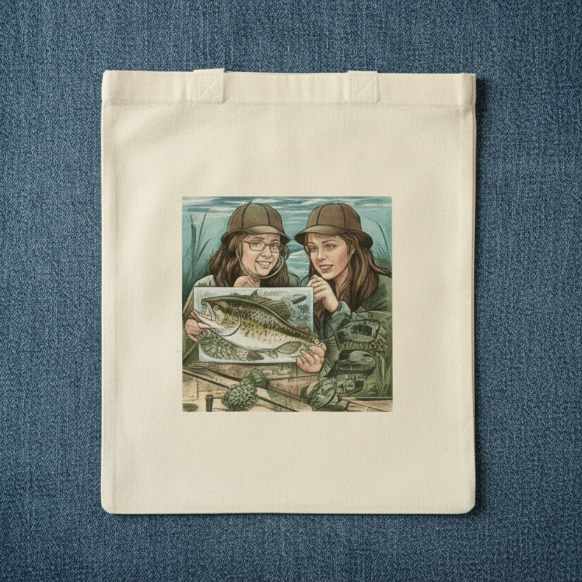 Tote bag with illustration of two people holding a fish on a blue denim background