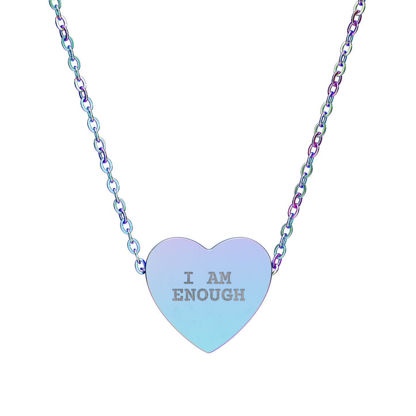 Necklace with a heart-shaped pendant that says 'I AM ENOUGH' on a white background