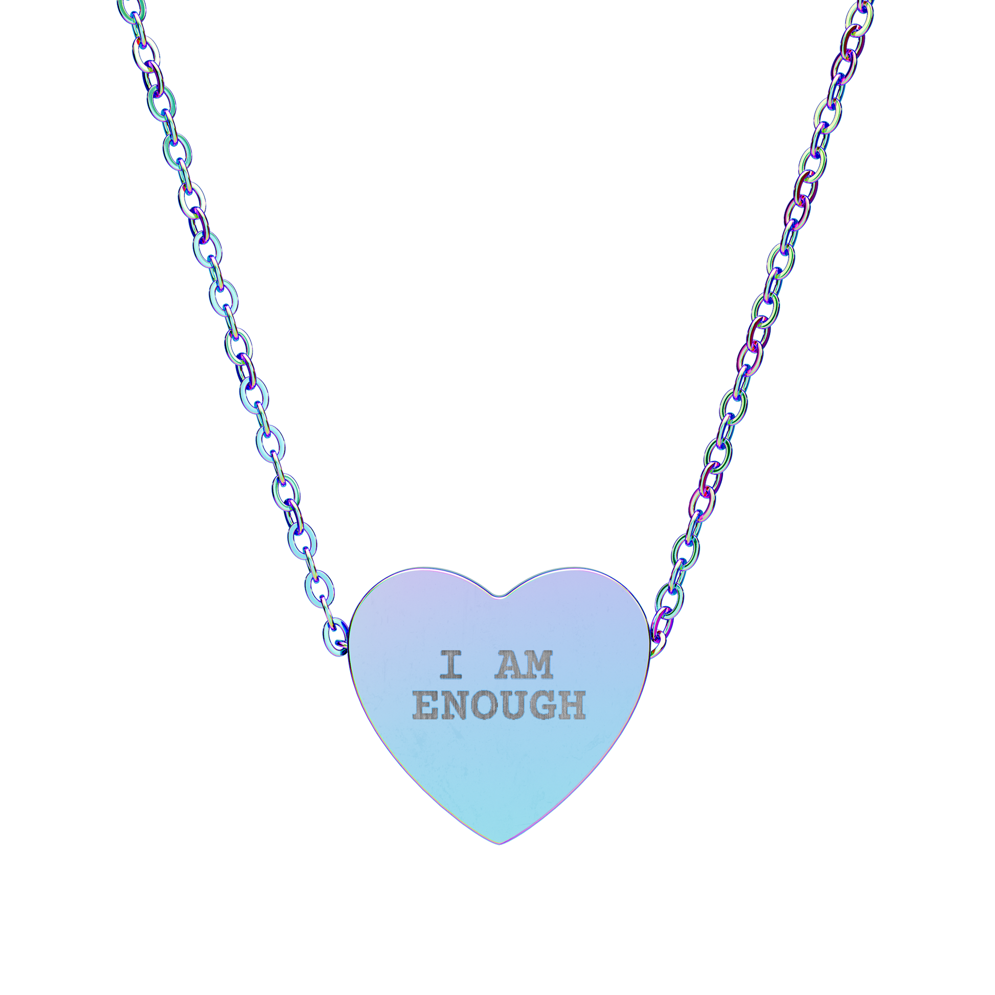 Necklace with a heart-shaped pendant that says 'I AM ENOUGH' on a white background