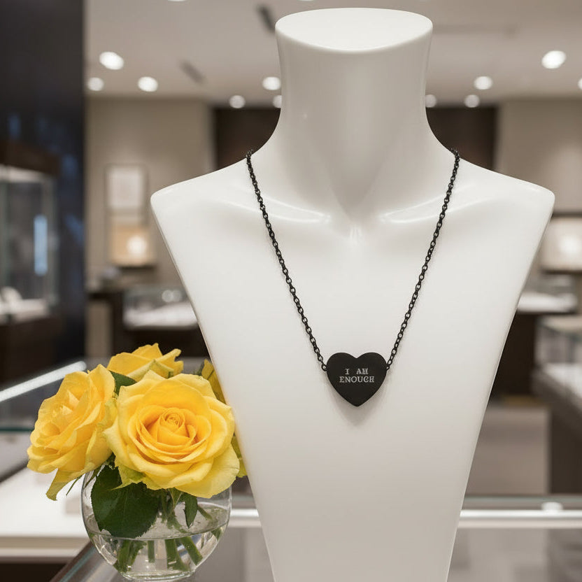 Mannequin wearing a necklace with a heart pendant and yellow roses in the foreground