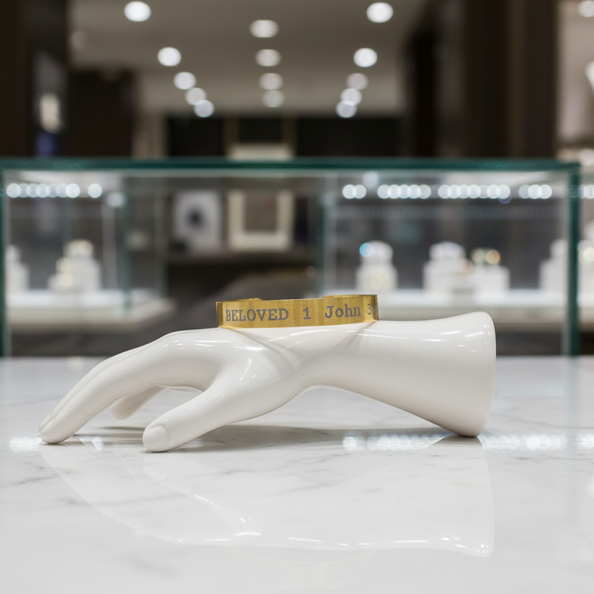 White mannequin hand holding a book titled 'Beloved' with a blurred indoor setting in the background
