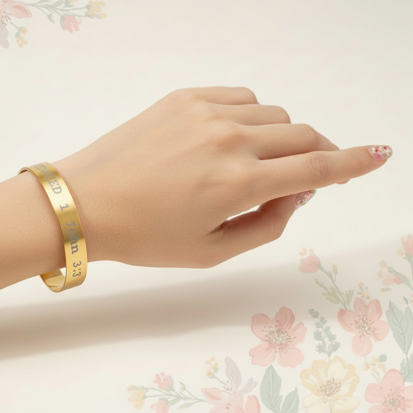Hand wearing a gold cuff bracelet on a floral background