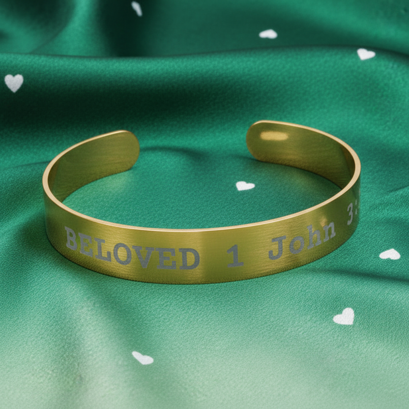 Gold bracelet with 'BELoved 1 John 3:4' engraving on a green fabric background with white hearts.