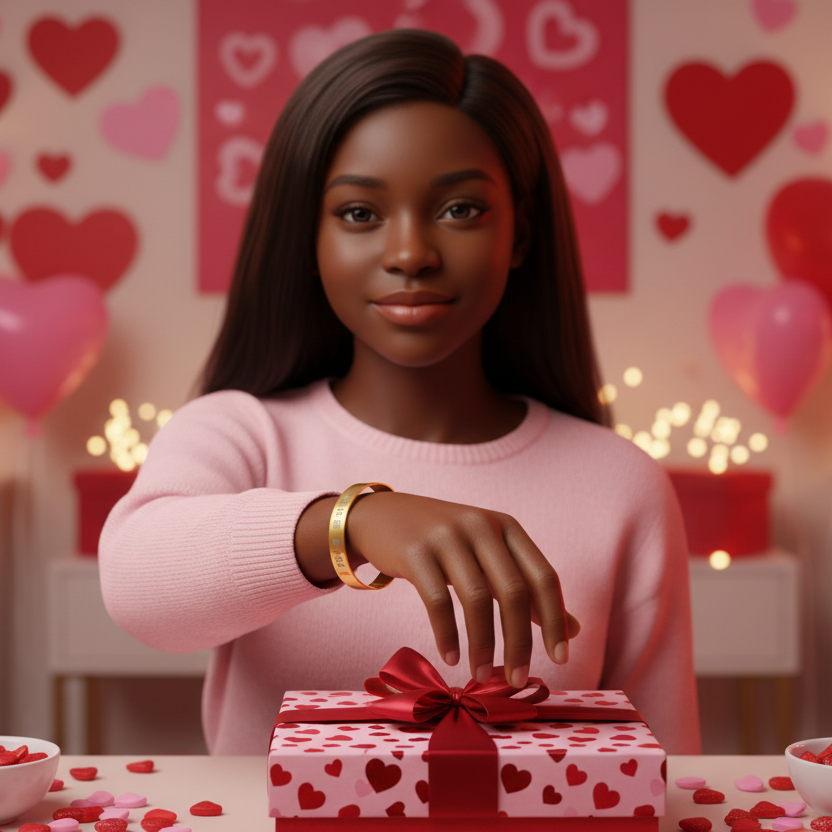 Woman opening a Valentine's Day gift with a heart-themed background wearing her gold cuff bracelet.